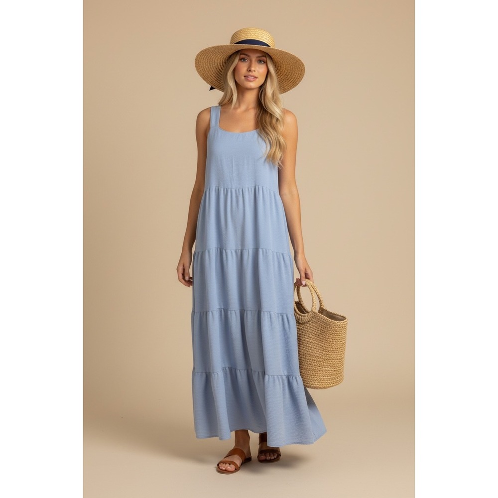 Black Bow‎ Blue Tiered Maxi Dress Size Small Coastal Boho Summer Square Neck
